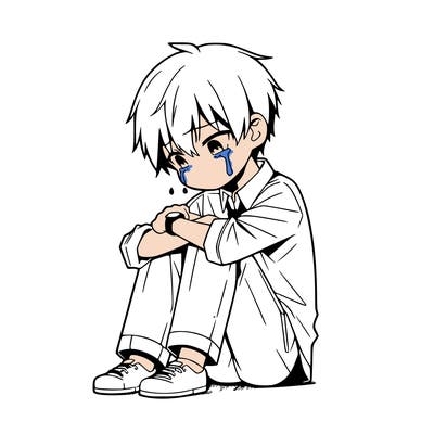 anime human sitting and crying on floor