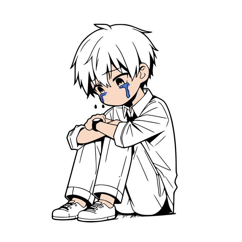 anime human sitting and crying on floor
