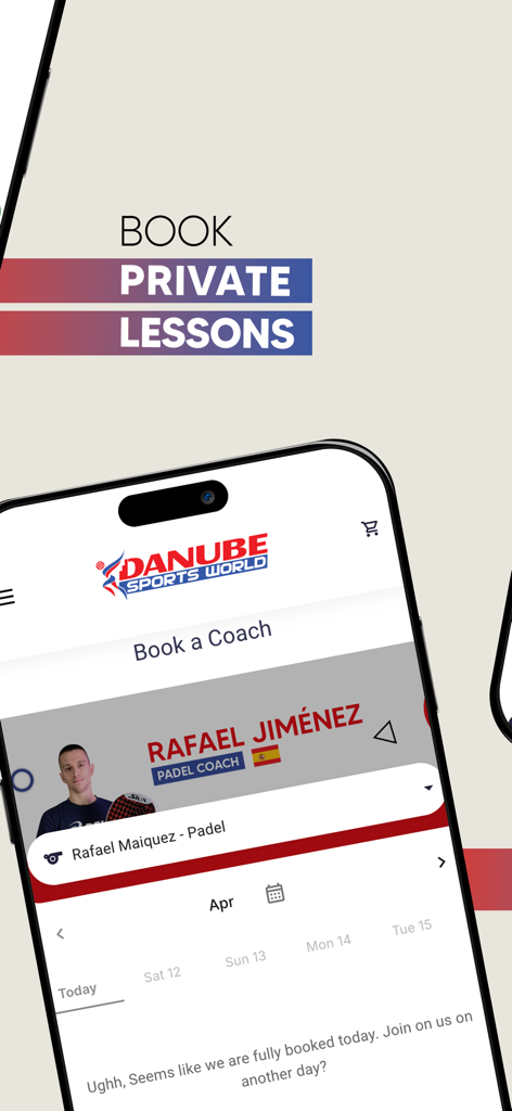 Danube Sports World - Mobile app screen for booking private sports lessons with a professional coach