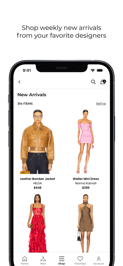 REVOLVE - REVOLVE App zeigt den Bereich Neue Artikel mit Designerkleidung wie einer Lederbomberjacke und einem Minikleid.