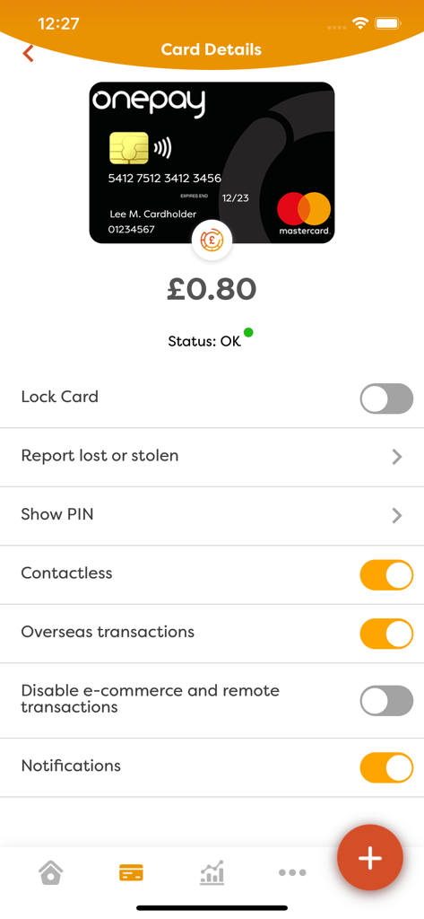 My OnePay - Pantalla de la aplicación móvil My OnePay que muestra las opciones de gestión de tarjetas y el saldo