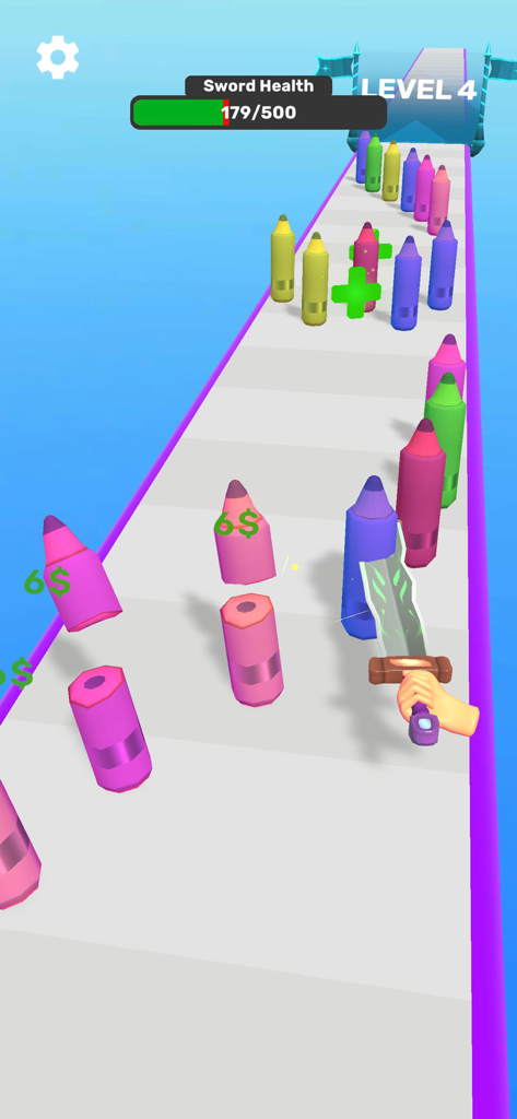 A glowing sword cutting through colorful obstacles in Sword Melter mobile game