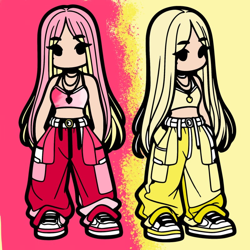 girl in baggy pants crop top and long hair