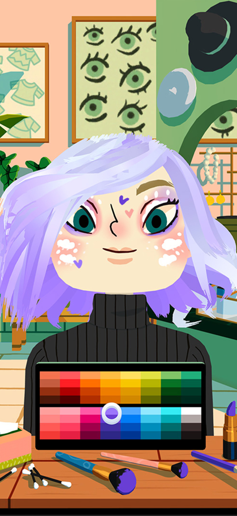A character with purple hair and cloud face paint at a makeup station