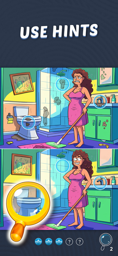 Find & spot the difference - Screenshot eines 'Finde den Unterschied'-Spiels, das eine Badezimmerszene mit einer Lupe zeigt, die in ein Detail zoomt, und einer Schaltfläche 'Hinweise verwenden'.