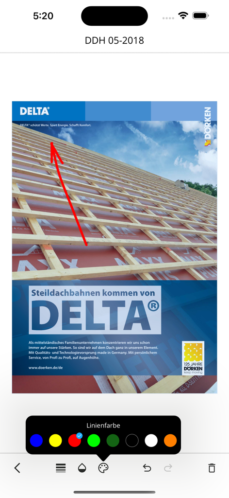 DDH - DDH app showing a technical roofing publication with red arrow annotation and color palette selection