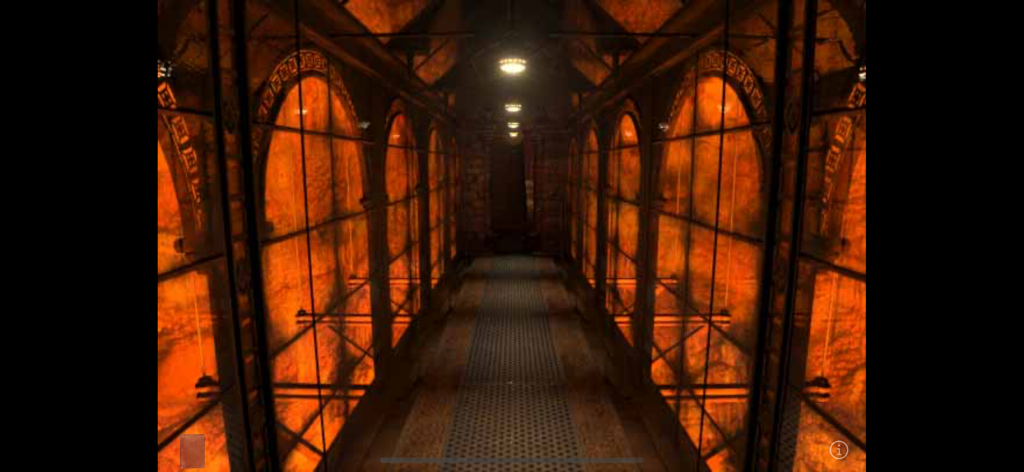 Riven (Legacy) for Mobile - First person view of an atmospheric corridor with glowing orange windows in Riven Legacy for Mobile