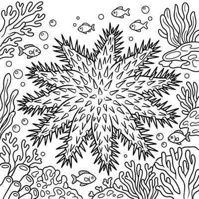 Explore the intricate beauty of the ocean with this Crown-of-Thorns Starfish coloring page. Dive into a detailed underwater world filled with coral and charming fish, ready for your creative touch.