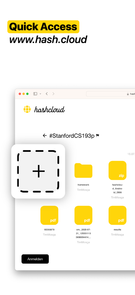 hashcloud - Cloud Storage - Interfaccia del browser web di Hashcloud che visualizza file PDF e ZIP condivisi all'interno di una cartella hashtag universitaria.