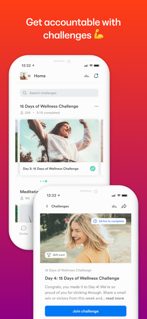 Two mobile phone screens of the Kajabi Communities app displaying a 15-day wellness challenge and a join challenge button.