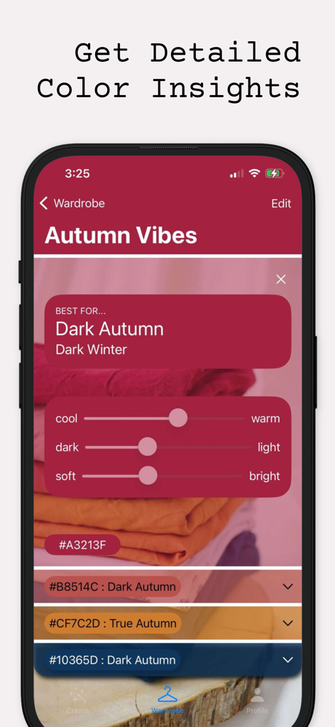 Hue IQ | Color Analysis - Hue IQアプリの画面に、Autumn（秋）のワードローブパレットの詳細なカラーメトリクスと季節分類が表示されている