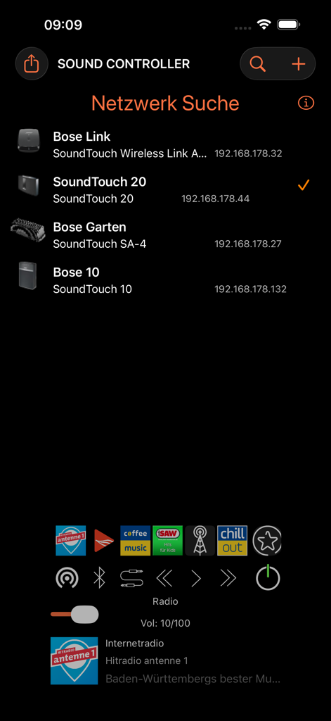 Companion for Bose SoundTouch - Interface of the Companion for Bose SoundTouch app showing a list of discovered speakers on the network with playback controls