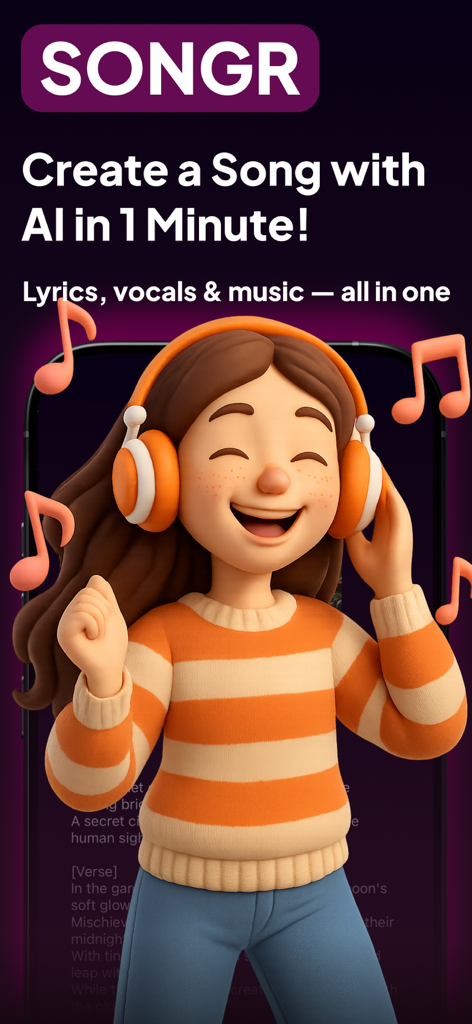 Cartoon character with headphones promoting Songr AI music generation in one minute