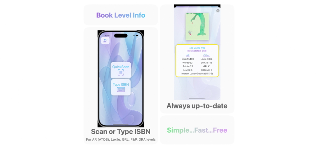 QuickScan Book Leveler - QuickScan Book Leveler app interface showing ISBN scanning and reading level metrics.