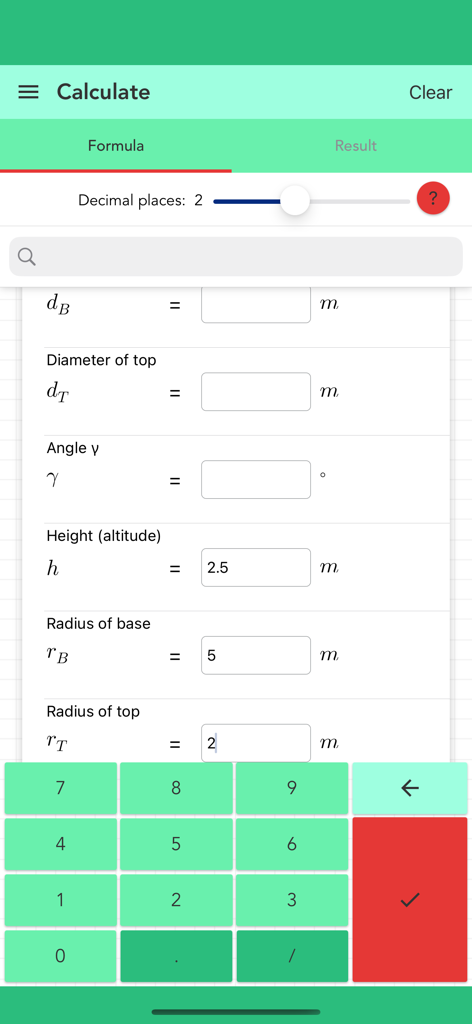 Mobile App-Oberfläche zur Berechnung von Kegelstumpfabmessungen mit numerischen Eingabefeldern und benutzerdefinierter Tastatur