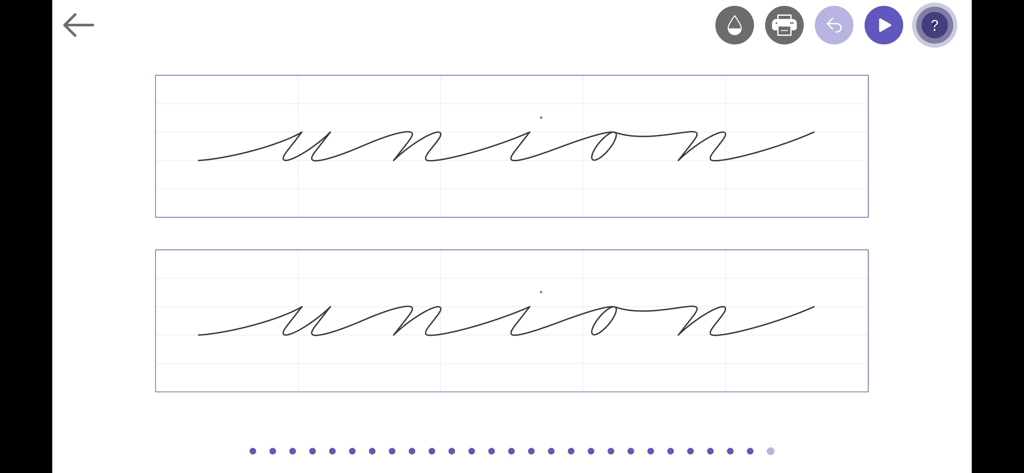 Calligraphy: Cursive Writing - Cursive writing practice screen in a calligraphy app showing the word union in elegant script on a grid.