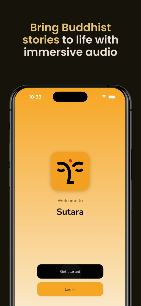 Sutara: Buddhist Stories - Schermata di benvenuto dell'app Sutara: Storie Buddiste con un logo minimalista e pulsanti di avvio.