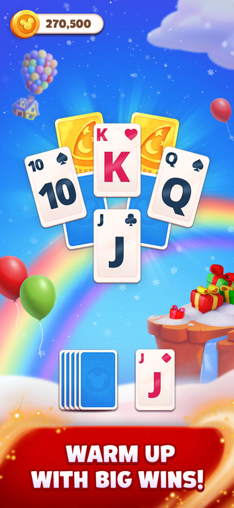 Disney Solitaire gameplay screen with playing cards and a magical Disney inspired background