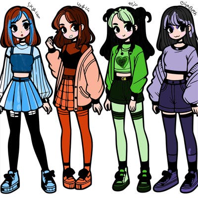 one girl with crop-top shirt and a jacket with a skirt, long socks and another girl with a shirt and pants with a jacket