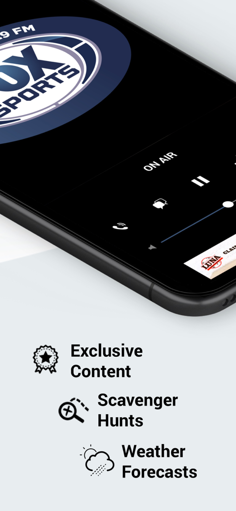 Fox Sports Utah - Aplicativo Fox Sports Utah exibindo o reprodutor de rádio ao vivo com caças ao tesouro de conteúdo exclusivo e recursos de clima