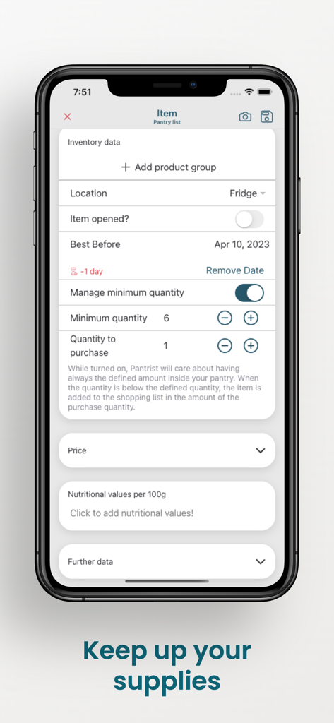 Pantrist - Shopping & Pantry - Smartphone screen of the Pantrist app showing inventory settings for a fridge item including best before date and minimum stock levels