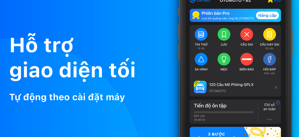 600 Câu Lý Thuyết GPLX OTOMOTO - Vietnamese driving license theory app interface showing dark mode support and dashboard icons