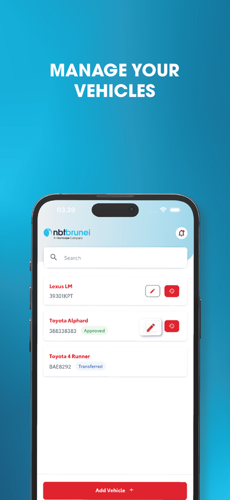 NBT Mobility - Smartphone screen showing the NBT Mobility app vehicle management interface with a list of Toyota and Lexus cars.