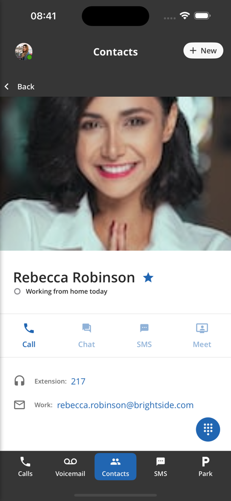 ConnectUC - ConnectUC mobile app contact profile displaying coworker status and business extension details.