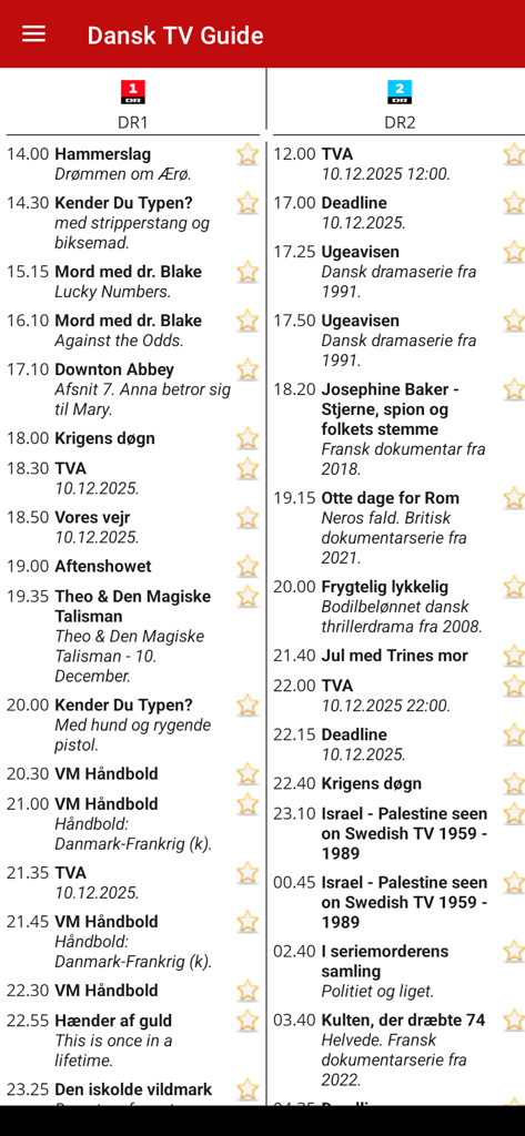 Mobile app interface of Dansk TV Guide showing scheduled programs for DR1 and DR2 channels
