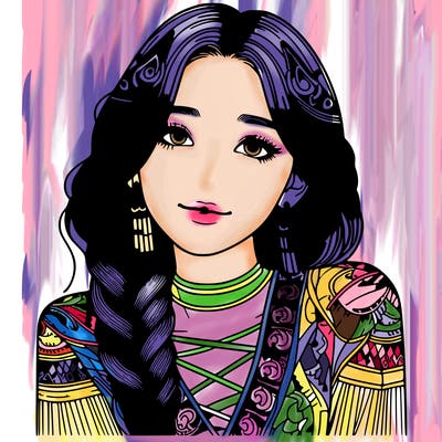 rumi is a girl with purple hair and a long braid with patterns on her skin and is korean k-pop star