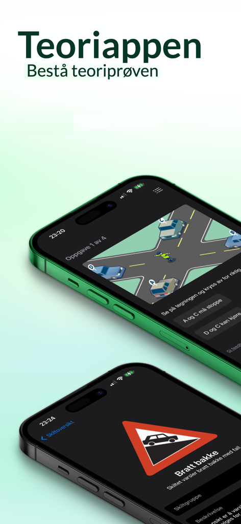 Teoriappen mobile interface showing a traffic crossroad scenario and a steep hill road sign
