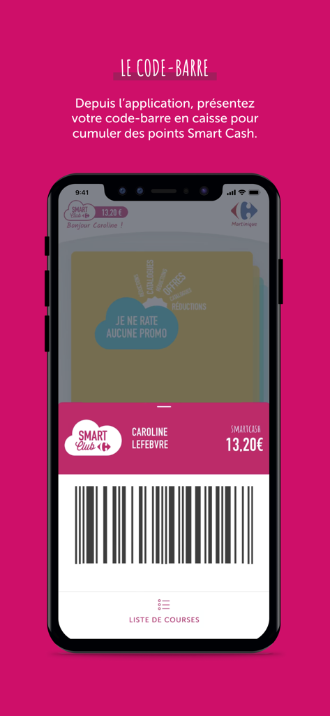 Carrefour Martinique - Smartphone screen showing the Carrefour Martinique SMART Club virtual loyalty card with a barcode for in store checkout
