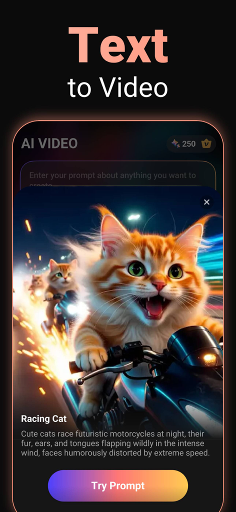 AI Video Generator - Viddo AI - Interface of Viddo AI app showcasing the text to video generation feature with a prompt for a cat racing a motorcycle