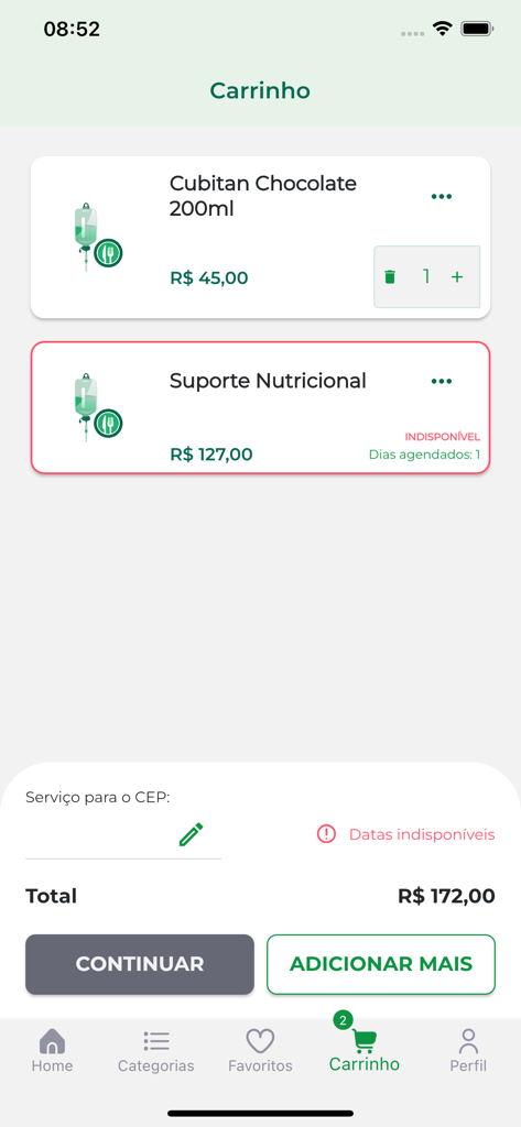 Home Doctor - Shopping cart screen in the Home Doctor app showing nutritional supplements and healthcare services.