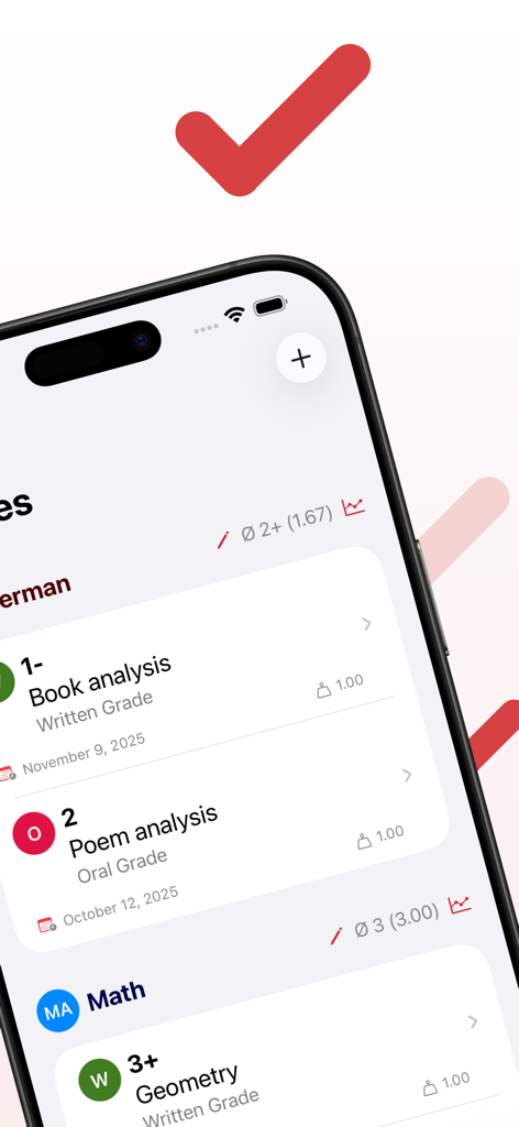 SchoolOrganizer - SchoolOrganizer app interface displaying a list of grades and averages for school subjects