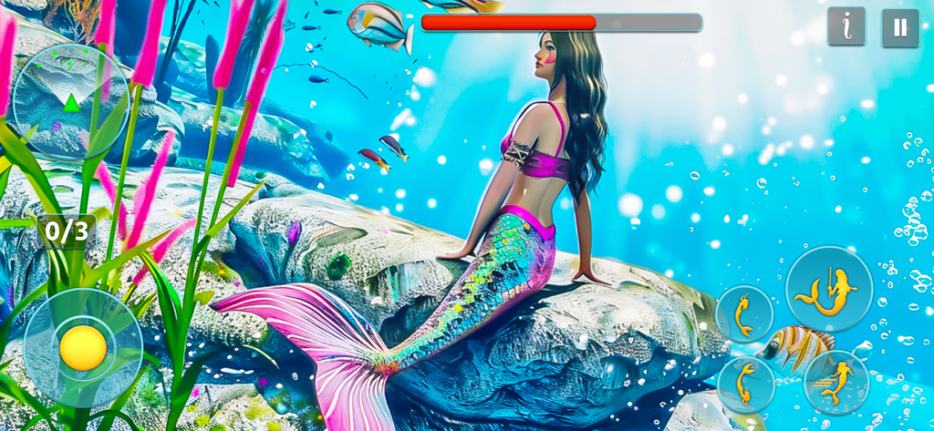 Princess Mermaid Simulator 3D - Uma sereia 3D sentada em uma rocha subaquática cercada por peixes tropicais