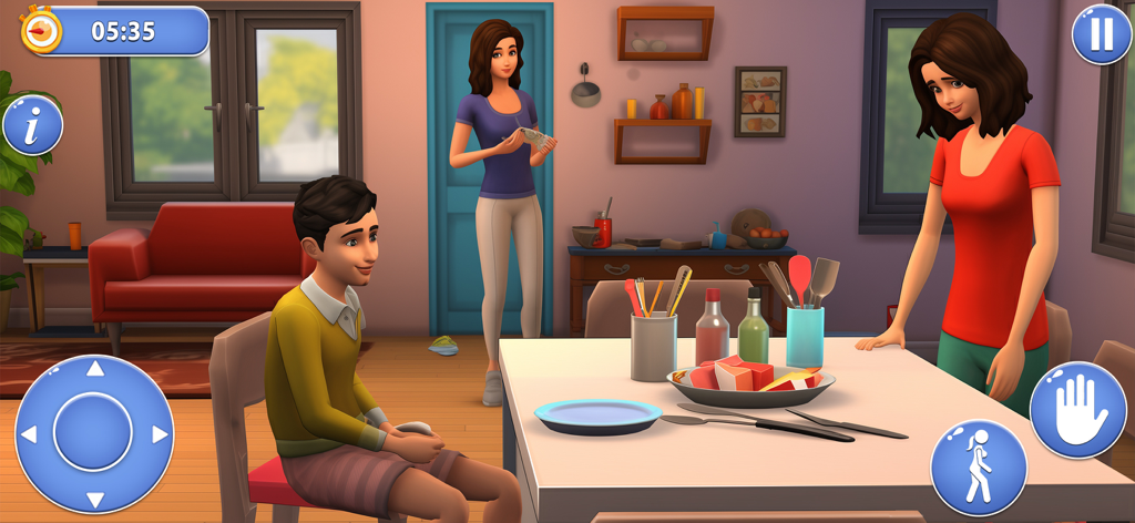 Gameplay showing a mother and child in a virtual house simulation