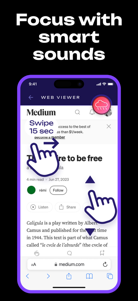 AutoClicker app interface illustrating auto scroll and swipe automation with smart background sounds for focus