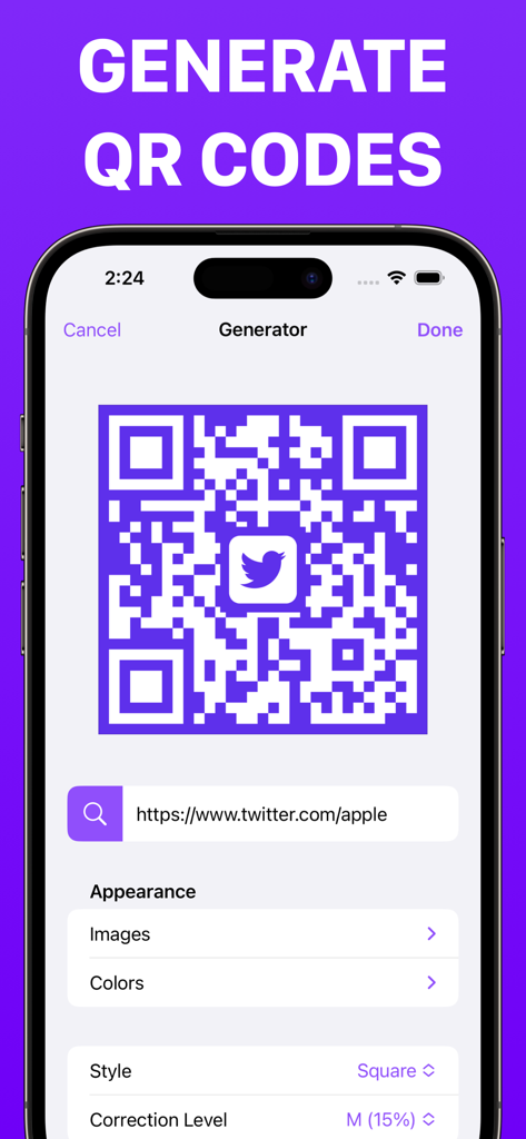 QRKit app interface showing a custom purple QR code for a Twitter link on an iPhone