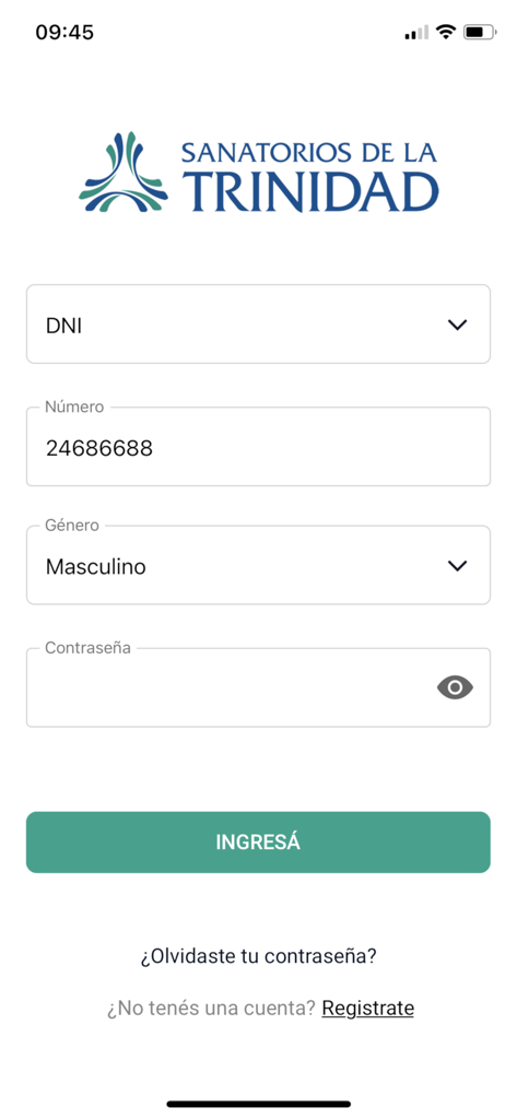 Sanatorios de la Trinidad - Página de inicio de sesión de la app Sanatorios de la Trinidad con campos de identificación del paciente