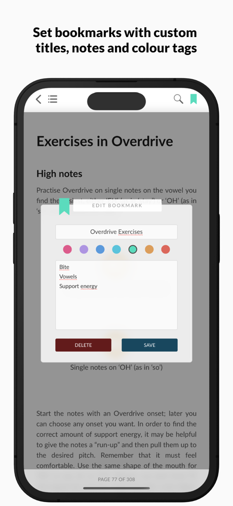 Complete Vocal Technique - L'interface d'édition des favoris de l'application Complete Vocal Technique montrant les options pour les titres personnalisés, les notes et les balises de couleur
