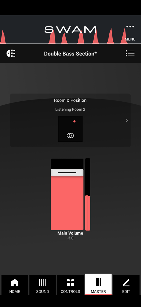 SWAM Double Bass Section - SWAM Double Bass Section app master tab showing room position settings and main volume slider