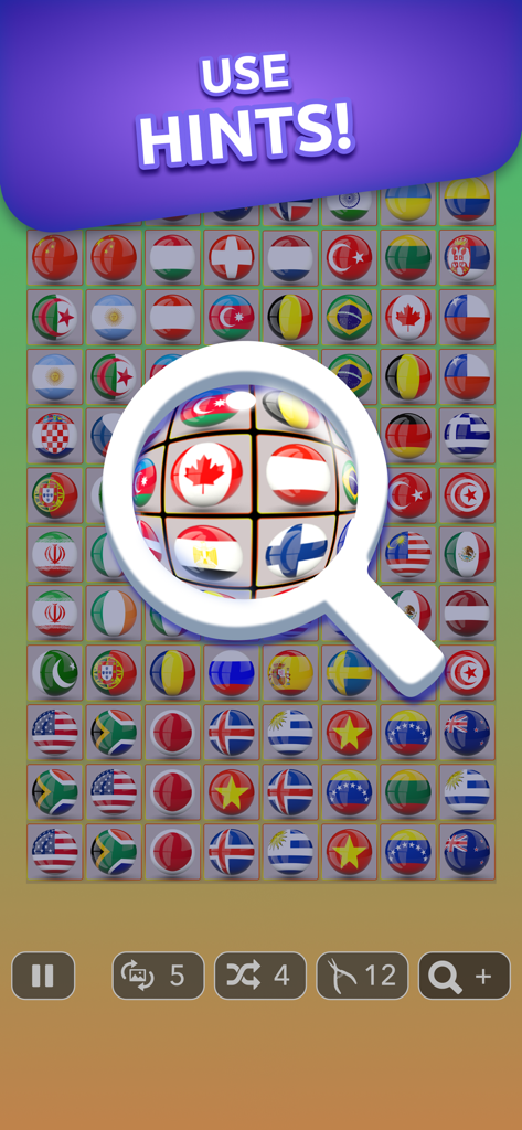 Onnect – Pair Matching Puzzle - Onnect puzzle game interface showing a grid of flag tiles and a magnifying glass hint