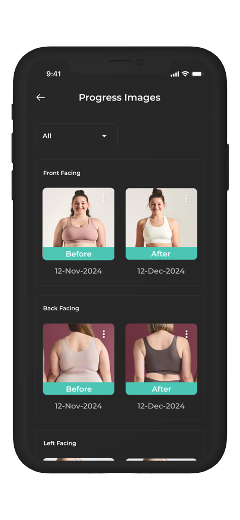 FitMom Club: Health & Wellness - Écran de l'application FitMom Club montrant des photos de progression avant et après la remise en forme sous des angles de face et de dos.
