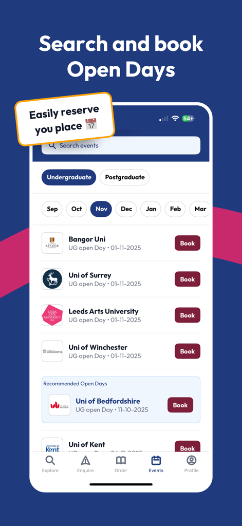 Mobile app interface showing a list of UK university open days for undergraduate and postgraduate courses with booking buttons