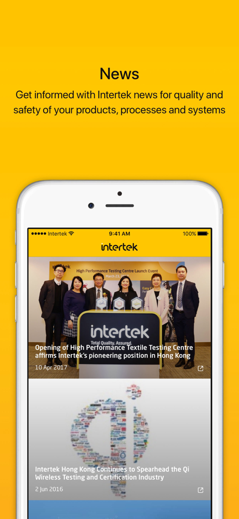 Intertek - Job Tracker - Interface do aplicativo Intertek Job Tracker mostrando a seção de feed de notícias com atualizações da indústria sobre qualidade e segurança.