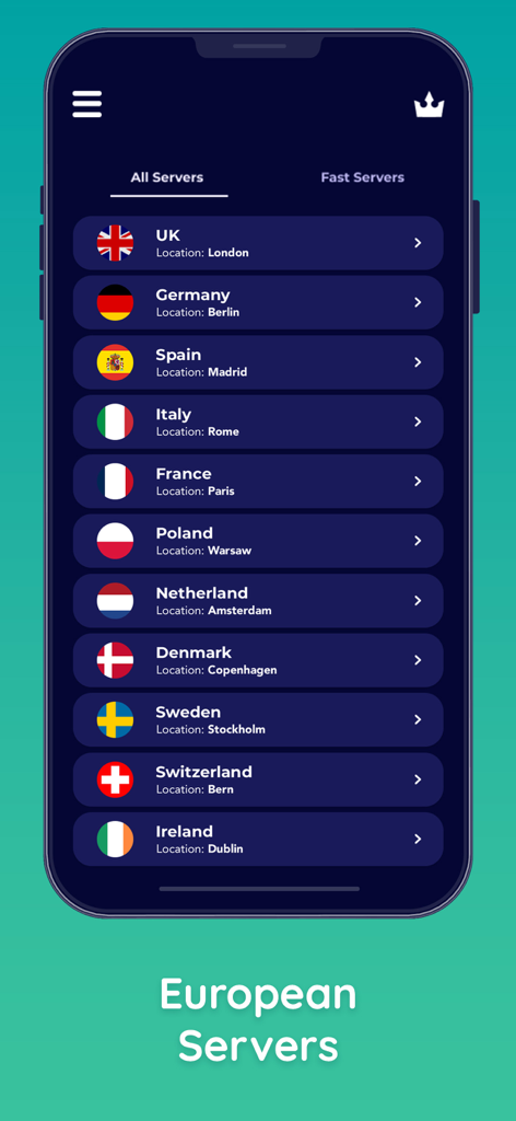 Tela do smartphone mostrando uma lista de locais de servidores europeus no aplicativo Von VPN, incluindo Reino Unido, Alemanha e França