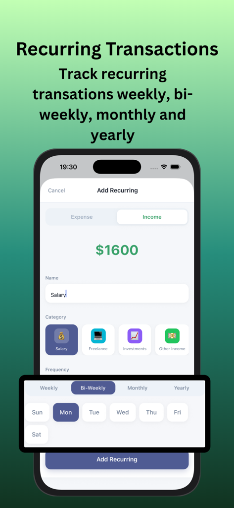 予算トラッカーアプリでの隔週の定期給与取引の設定画面。