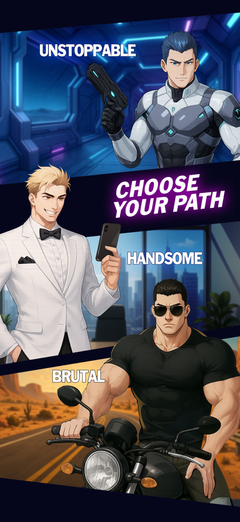 A selection screen showing three different male anime characters labeled as Unstoppable Handsome and Brutal with the text Choose Your Path.