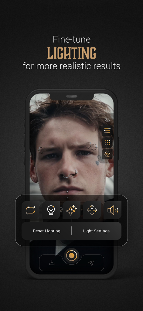 バーチャル顔のピアスのリアリズムを高めるための照明調整設定を表示するモバイルアプリ インターフェイス。